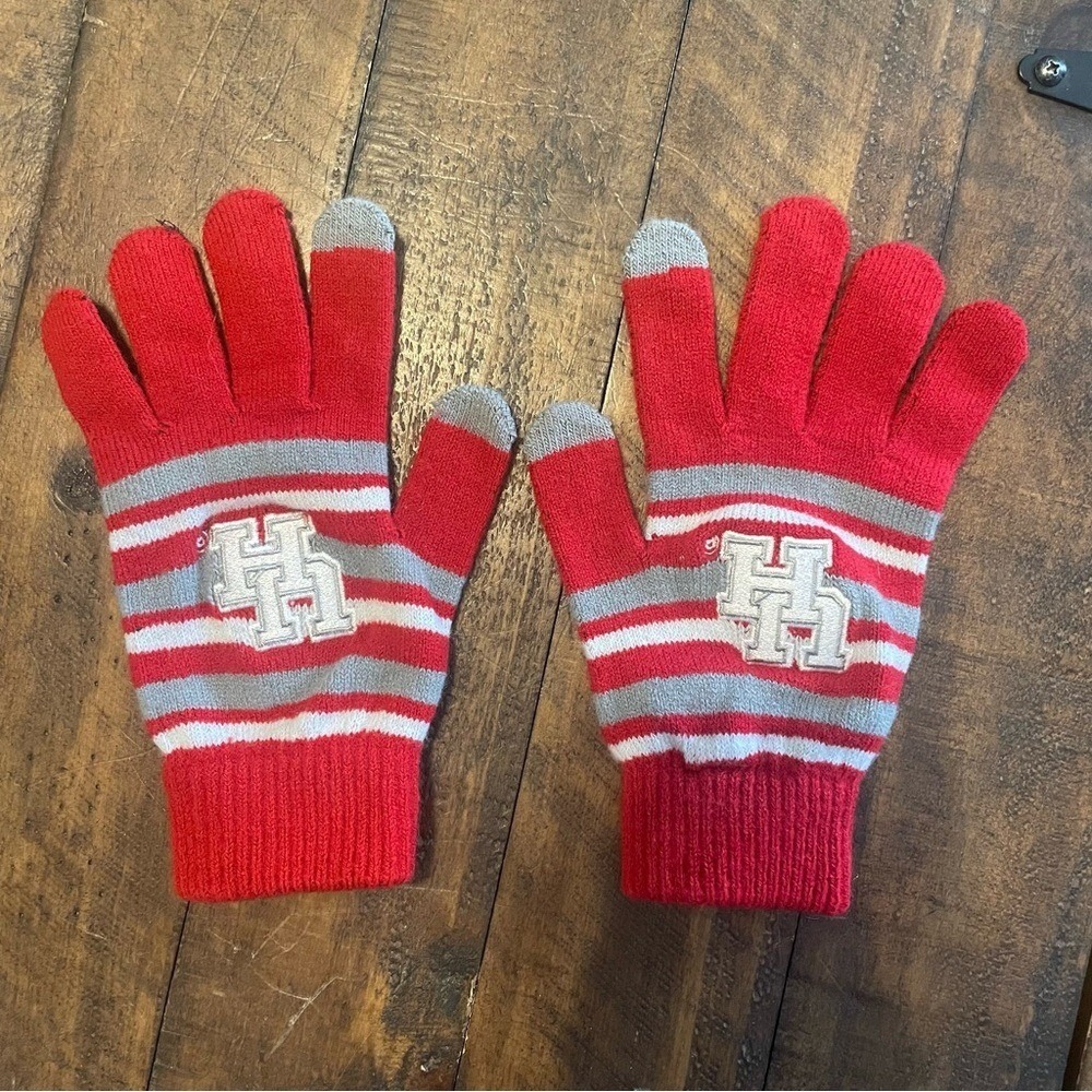 Red Gray White Striped Gloves with UH‎ Logo Touchscreen Compatible Houston